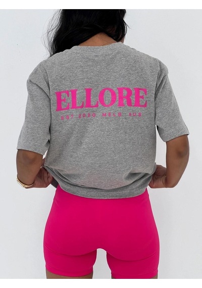 Ellore T-shirt - Gri Baskılı Oversize Bisiklet Yaka Kısa Kol Tişört Gri