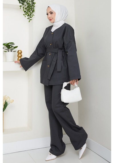 Bestenur Kemerli Ceket Pantolon Gabardin Takım 1557 - Antrasit Antrasit
