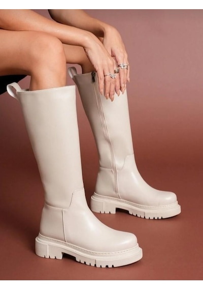 Nesilshoes Nesil Shoes Toz 1978 Bej Fermuarlı Günlük Kadın Çizme