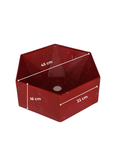 Mermer Desenli Tezgah Üstü Altıgen Taş Lavabo 45 X 16 Cm Bordo