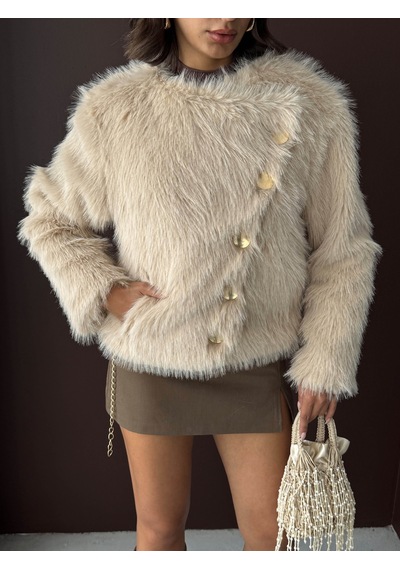 Verymoda Tavşan Tüyü Dügmeli Kaban F1970 Taş
