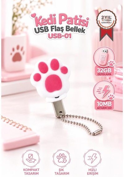 Usb Flash Bellek 32gb Kedi Patisi Görünümlü Anahtarlıklı Usb Drive Usb01 Beyaz