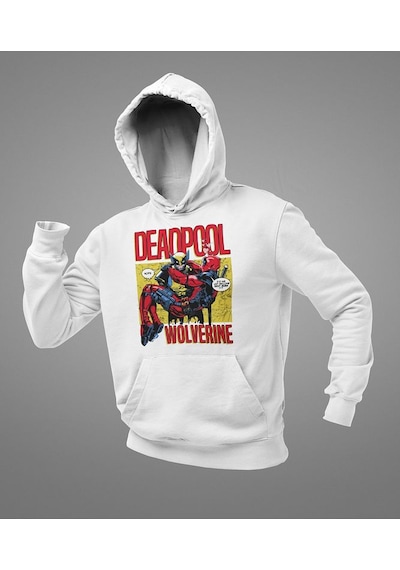 Sevbano Deadpool X Wolverine Baskılı Unisex Oversize Marvel Karakter Hood Beyaz