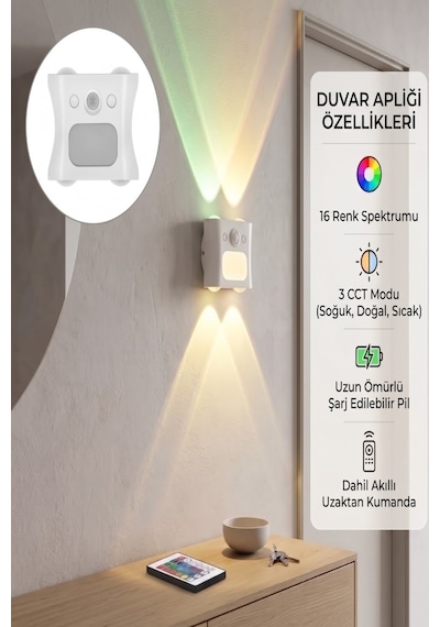Duvar Dekorasyon Lambası Aplik Hareket Sensörlü 16 Renk Seçenekli Rgb Şarjlı Atmosfer Aydınlatma Beyaz