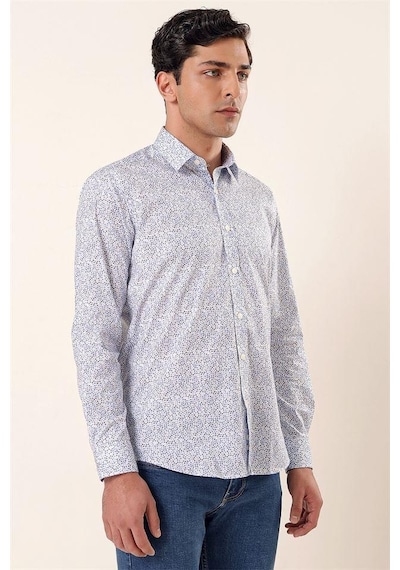 İmza Koyu Mavi Uzun Kollu Baskılı Sert Yaka Cepsiz Pamuklu Likralı Casual Slim Fit Gömlek 1004230135-mavi Mavi