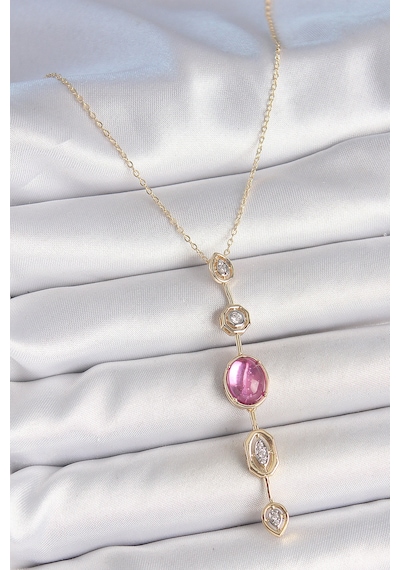 Pirinç Zincir Gold Renk Pembe Zirkon Taşlı Y Kolye Altın - Beyaz
