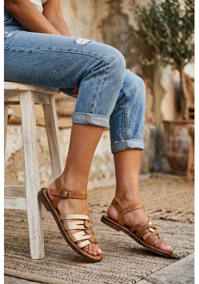 Shoetek Witsa Kadın Sandalet Çapraz Bantlı Roz/taba Hakiki Deri