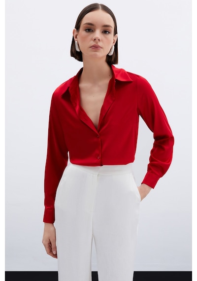 Sateen Oversize Saten Gömlek - Kırmızı