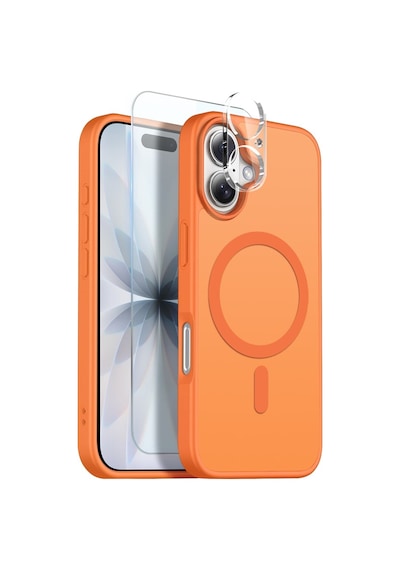Teleplus Apple Uyumlu iPhone 16 Kılıf Babet Translucent 3in1 Msafe Şarj Özellikli Kapak + Ekran Koruyucu Turuncu