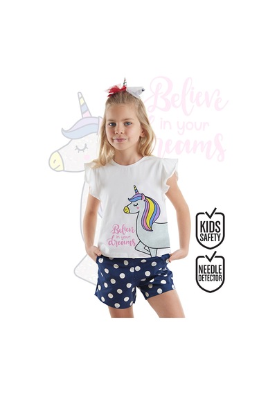 Puantiyeli Unicorn Kız Çocuk Yazlık T-Shirt Poplin Şort Takım