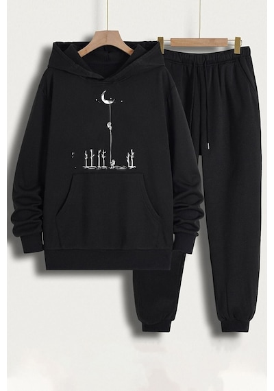 Uyguntarz Unisex Uzay Temalı Baskılı Eşofman Takımı Siyah