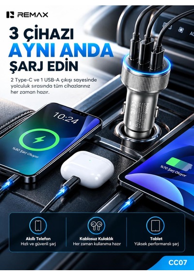 60w Işıklı Alüminyum Alaşımlı Araç Şarj Cihazı Güm