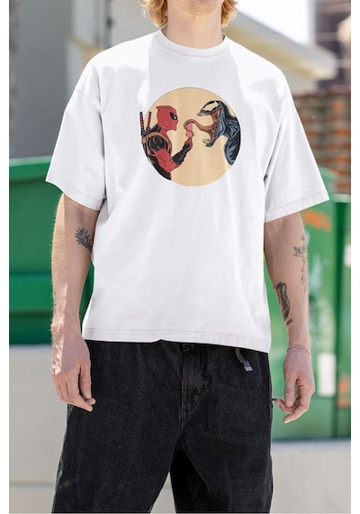 Deadpool X Venom Baskılı Unisex Tişört, Oversize Marvel Film Kara Beyaz
