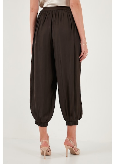 Lela Comfort Fit Yüksek Bel Lastikli Paça Saten Bayan Pantolon 68351217 Kahve