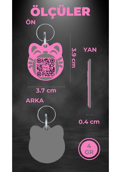 Petjoo 4.Maneki Neko Gri-Pembe Qr'lı Kedi Künyesi