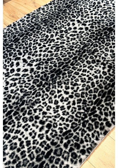 Raschel Carpet Premium Seri Gri Tavşan Tüyü Leopar Desenli Kaymaz Taban Halı Yolluk Gri