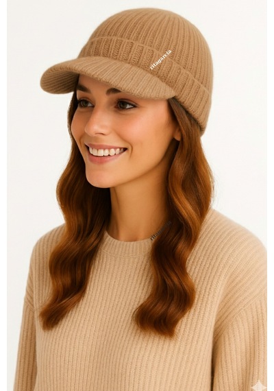 Ritagarcia Premium Soft Örgü Şapka / Bere - Siperli Kışlık Cap Şapka Camel Bej