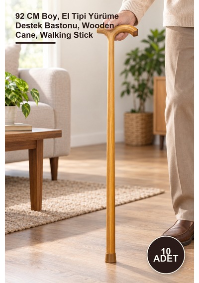 10 Adet Ahşap Baston 92 Cm Boy, El Tipi Yürüme Destek Bastonu, Wooden Cane, Walking Stick