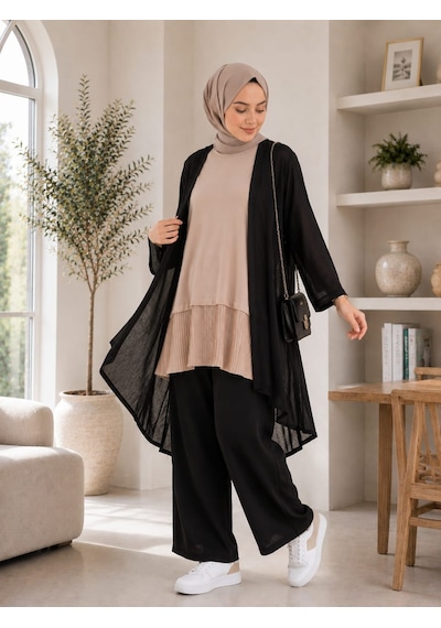Esra Butik78 Siyah, Beyaz Ve Pudra Renk Kolsuz Altı Pileli İçlik 80 Cm