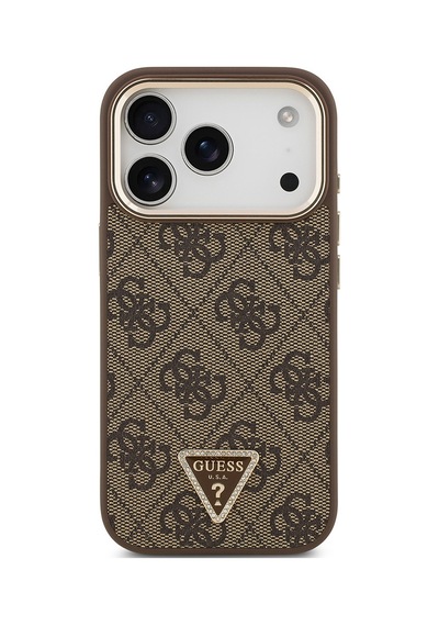 Apple Uyumlu iPhone 17 Pro Kılıf Guess Lisanslı M-safeli Gold Kamera Çerçeveli Taşlı Üçgen Logo 4g Desenli Kahve Kahverengi