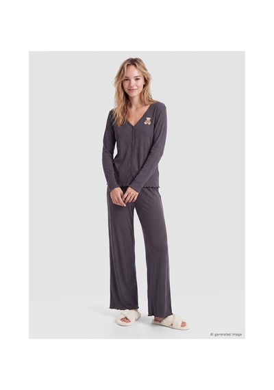 Lcw Dream Gri V Yaka Nakışlı Kadın Pijama Takım
