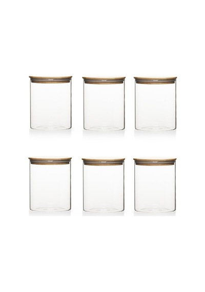 1-3 Bambu Vakumlu Kapaklı Yuvarlak Borosilikat Cam 6lı Kavanoz Seti Saklama Kabı 750ml 10x12cm Çok Renkli