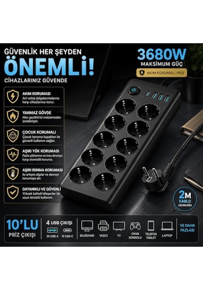 10 Lu Akım Korumalı Priz 3680w 3 Usb-a + 1 Usb-c Girişli Çoklu Grup Priz Anahtarlı 2 Metre Uzatma Kablosu Çocuk Korumalı Çoklu Priz Siyah