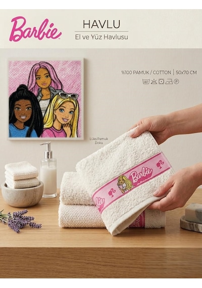 Taç Zorluteks Lisanslı Barbie Çocuk Banyo Havlusu 65x130 Cm Beyaz Pembe