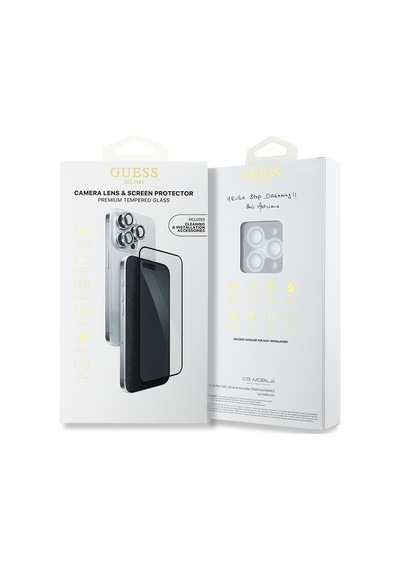 Apple Uyumlu   iPhone 16 Pro Max Guess Lisanslı Rhinestone Ekran Ve Lens Koruyucu 2in1 Aksesuar Seti Gümüş