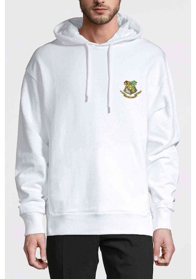 Renkli Baskılı Tshirt Göğüs Baskılı Beyaz Erkek Kapşonlu Sweat