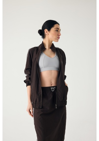 Normal People Rınea- Fermuarlı Şeritli Spor Ceket Crinkle Kumaş Kahve