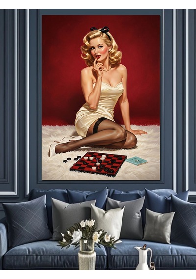 Ahşap Tablo Vintage Pin-up Beyaz Elbise