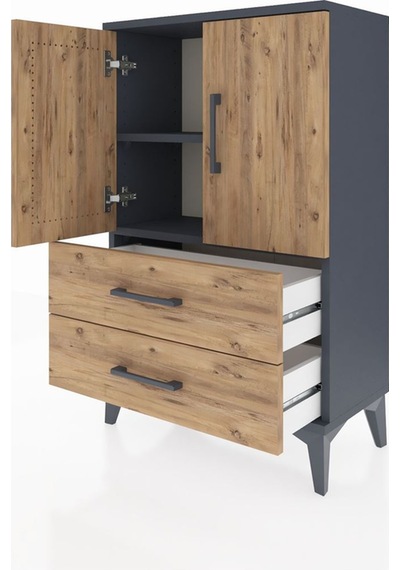 Arges Komodin 2 Raflı 2 Çekmeceli 2 Kapaklı 60x30x96 Antrasit-çam Antrasit
