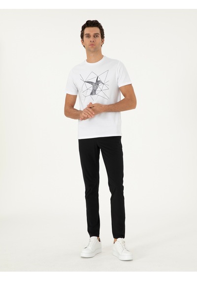 Beyaz Slim Fit Bisiklet Yaka Desenli T-shirt
