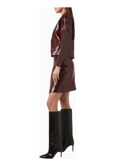 Self-portrait Self - Portrait Belted Lamb Leather Mini Skirt, Parlak Kuşaklı Deri Etek Bordo