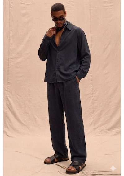 Tarz Cool Erkek Haki Tencel Kumaş Oversize Gömlek Pantolon Takım Rahat Kesim Yazlık Kombin Siyah