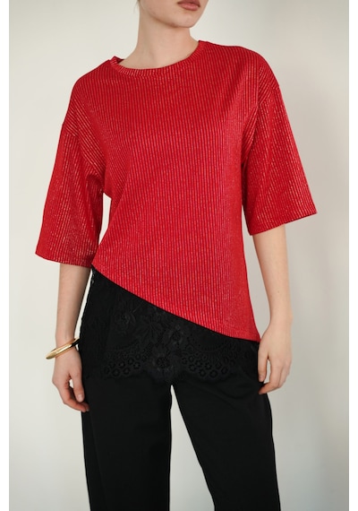 Verymoda D 2985 Dantel Detaylı Çizgili T Shırt D2985 Kirmizi