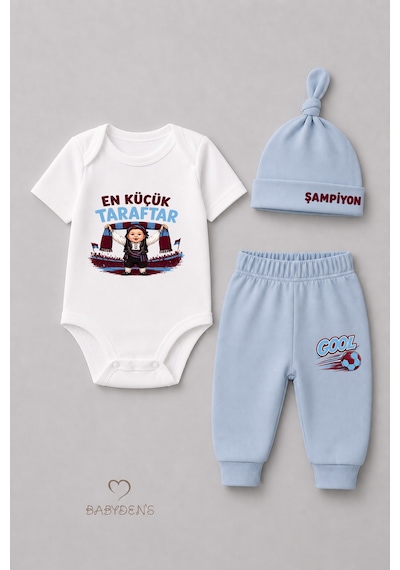 Babyden's %100 Pamuk Bordo Mavi En Küçük Taraftar Bebek Takımı 3'lü Kısa Kol Body,pantolon Ve Şapkalı Yenidoğan Seti 0-9 Ay