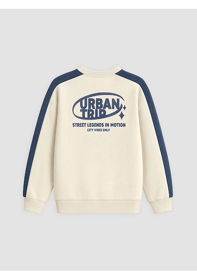LC Waikiki Lcw Kids Bej Bisiklet Yaka Baskılı Erkek Çocuk Kalın Sweatshirt Lıght Beıge