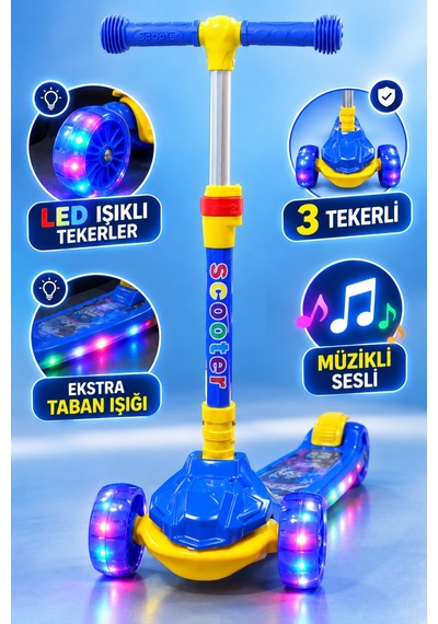 Scooter Led Işıklı 3tekerli Müzikli Katlanabilir Dayanıklı Gövde 3+yaş Mavi