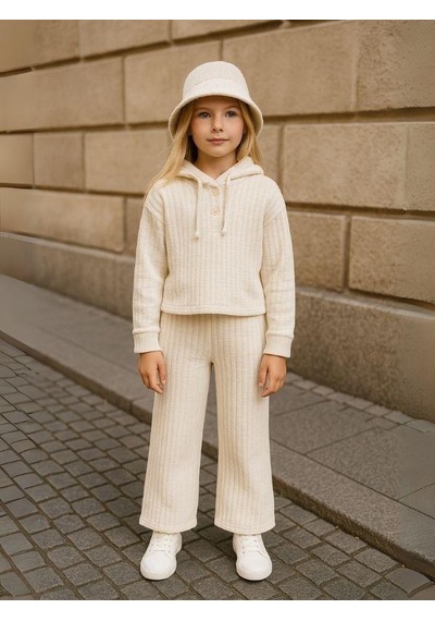 Zekids Kız Çocuk Pamuklu Dokulu Kumaş Pantolon-16224 Krem