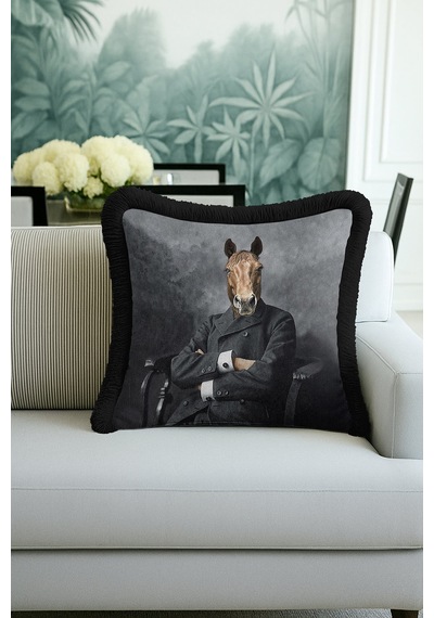 Avangart Portre Lüx Saçaklı Yastık Kılıfı-elegan Hayvan Figürü Gri Modern Püsküllü Kırlent Kılıfı Çok Renkli