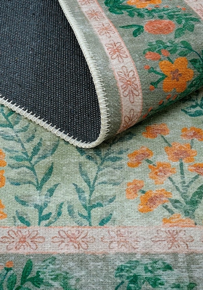 Cool Halı Daisy Su Yeşili Yıkanabilir Çiçekli Dokuma Şönil Halı Bohem Eskitme Vintage Oda Halısı Yeşil
