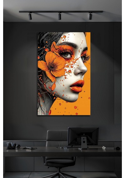 Modern Turuncu Çiçekli Lüks Kadın Portresi Dekoratif Cam Tablo Çiçek Temalı Dekoratif Duvar Tablosu, Salon Ve Yatak Odası Dekoru,