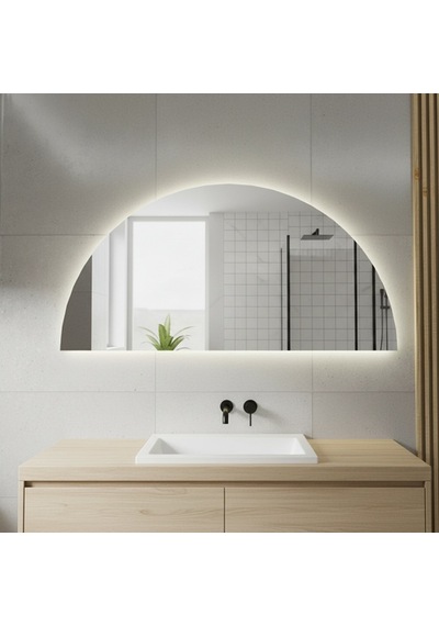 35x70 Cm Yarım Oval Led Banyo Aynası Dokunmatik Sensörlü, Dimmerli, 6500 Beyaz Işıklı Modern Duvar Aynası Beyaz