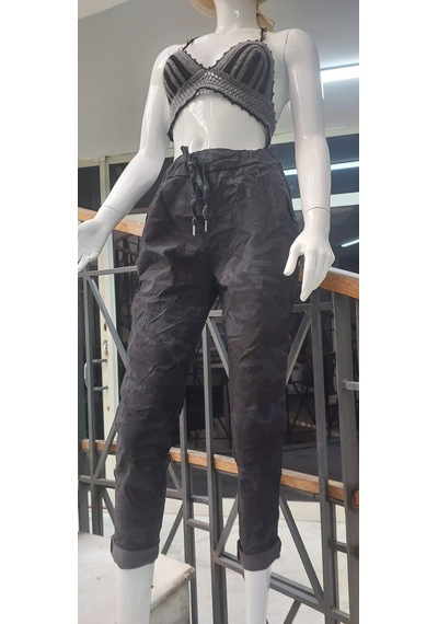 Eren Style Italyan Beli Bağlamalı Kamuflaj Desenli Dar Paça Pantolon-9078 Siyah
