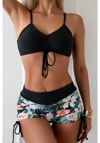 Angelsin Büzgü Ayarlı Baskılı Bikini Takımı Siyah