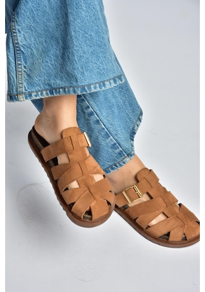 Fox Shoes Y596549502 Taba Süet Tokalı Önü Kapalı Kadın Terlik