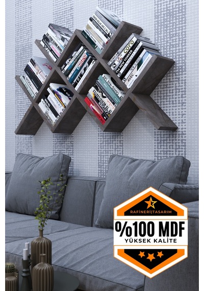 Mdf Kitaplık Bölmeli Raflı Dekoratif Tasarımlı Gri