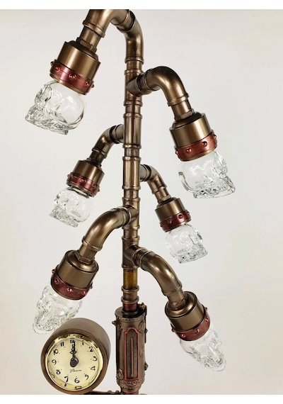 Steampunk Serisi Boru Sistemli, Saatli, Kristal 6lı Kafatası Led Gece Lambası